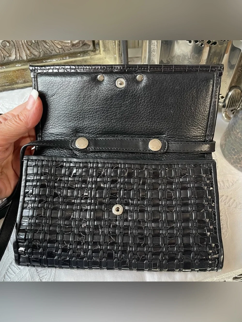 Brighton black leather woven crossbody wallet